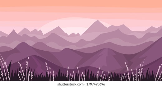 Distant Mountain Peaks and Meadow Flora Horizontal Landscape Vector Illustration