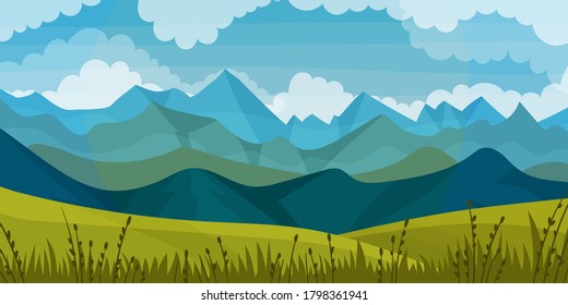 Distant Mountain Peaks and Meadow Flora Horizontal Landscape Vector Illustration