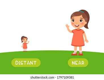 Plantilla vectorial de tarjeta de texto de antónimos distantes y cercanos. Concepto opuesto. Flashcard para el aprendizaje del inglés. Niña queda muy lejos en el horizonte, un niño está cerca.