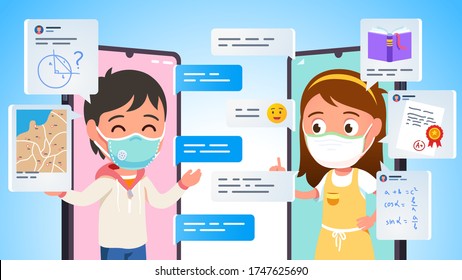 Distant online education concept. School student Kids talking via video and text chat app on cell phones. Children do homework together wearing masks. Epidemic quarantine flat vector illustration