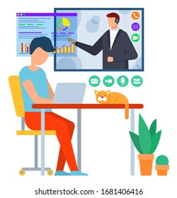 Distant online education, student learning through laptop at home isolated character vector. Teacher and graphics, Internet site, receiving knowledge. Online courses, house interior illustration