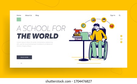 Distant Online Education, Webinar Landing Page Template. Young Man Student Character Work on Laptop Sitting at Desk with Books Piles. Electronics Learning, E-Books Library. Linear Vector Illustration