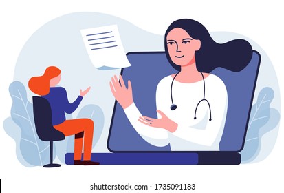 Distant online medicine consultation. Medical services remotely. Patient and professional doctor on laptop screen. Communicating through сomputer. Vector illustration in flat sytle