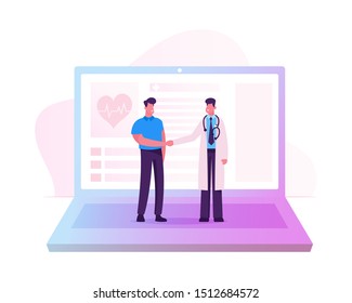 Distant Online Medicine Consultation, Smart Medical Technologies. Doctor Shaking Hands with Patient at Huge Laptop Screen. Remote Practitioner Health Care Consultation Cartoon Flat Vector Illustration