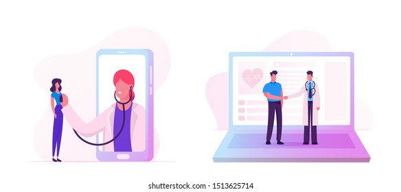 Distant Online Medicine Consultation. Smart Medical Technologies. Doctors Communicating with Patients through Computer and Mobile Phone Screen from Hospital Cabinet. Cartoon Flat Vector Illustration