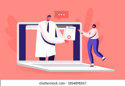 Distant Online Medicine Consultation, Smart Medical Technology. Doctor Character Give Prescription to Patient at Huge Laptop Screen. Remote Practitioner Health Care. Cartoon People Vector Illustration