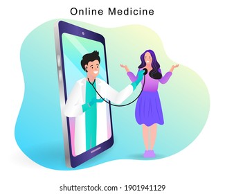 distant online medicine consultation smart medical. Doctors Communicating with Patients through Computer and Mobile Phone. Vector Illustration.