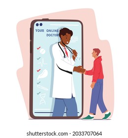 Distant Online Medicine Consultation, Smart Medical Technology. Doctor Shaking Hands with Patient at Huge Mobile Phone Screen. Remote Practitioner Health Care Consultation. Cartoon Vector Illustration