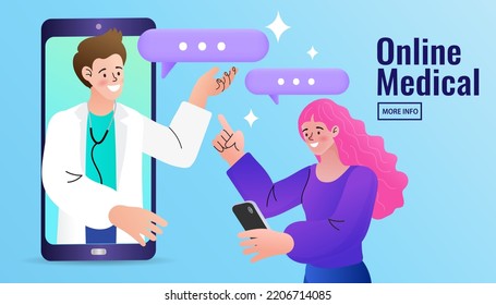 distant online medicine consultation smart medical. Doctors Communicating with Patients through Computer and Mobile Phone. Vector Illustration.