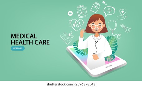 Distant online medicine consultation smart medical. Doctors Communicating with Patients through Computer and laptop. Vector Illustration.