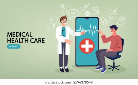 Distant online medicine consultation smart medical. Doctors Communicating with Patients through Computer and laptop. Vector Illustration.