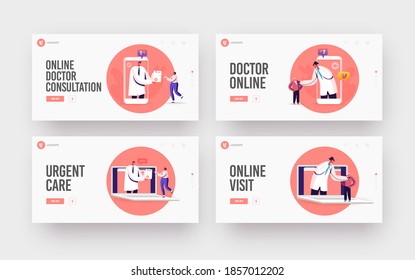 Distant Online Medicine, Medical Technologies Landing Page Template Set. Doctors Characters Listen Heart Beating and Give Prescription to Patient from Huge Gadget. Cartoon People Vector Illustration