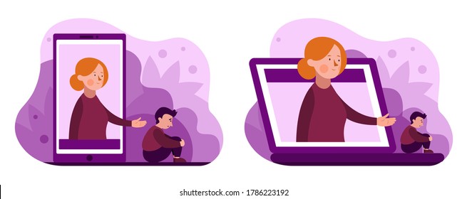 Distant Online Therapy. Mental Health, Telehealth, Emotional And Psychological Support. Vector Flat Illustration. A Woman Helping A Boy