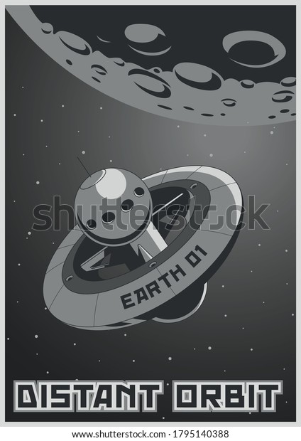 Distant Orbit Retro Future Space Poster, Orbital\
Space Station, Moon\
Surface