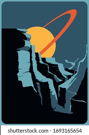 Distant Planet Landscape, Mid Century Modern Retro Future Sci Fi Poster Template, Mountains, Rocks, Saturn 