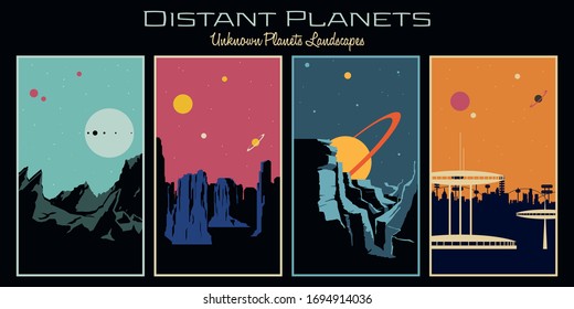 Distant Planets Landscapes, Poster Templates, Mountains, Rocks, Future City