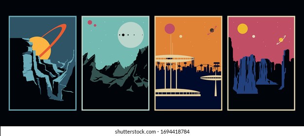 Distant Planets, Unknown Worlds Landscape Illustrations, Retro Future Poster Style 