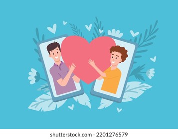 Distant relations and virtual love composition.Virtual love banner background with men having romantic relationships, flat vector illustration isolated on background.