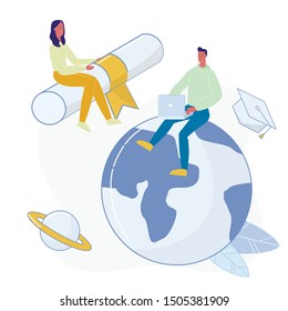 Distant, Remote Education Flat Vector Illustration. Young Internet University Pupils Cartoon Characters. Online Graduation, Academic Degree, Knowledge Gaining. Global Student Exchange Program