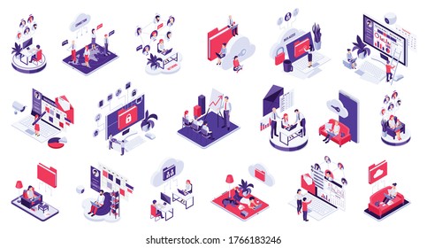 Distant remote outside office work control monitoring management telecommunication cloud data sharing isometric icons set vector illustration 