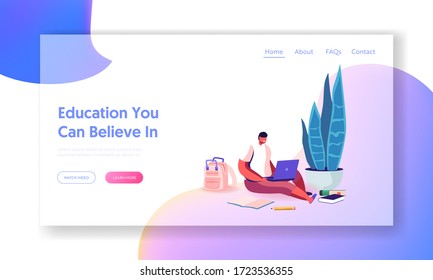 Distant School Landing Page Template. Little Schoolboy Sitting on Floor with Laptop Watching Online Webinar. Child Character on Domestic Education at Home, Homeschooling. Cartoon Vector Illustration