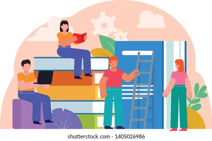 Distant or self education concept, training, learning, library. People stand near big books and read. Poster for web page, presentation, social media, banner. Flat design vector illustration