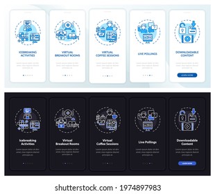 Distant sessions success onboarding mobile app page screen with concepts. Live events walkthrough 5 steps graphic instructions. UI, UX, GUI vector template with linear night and day mode illustrations