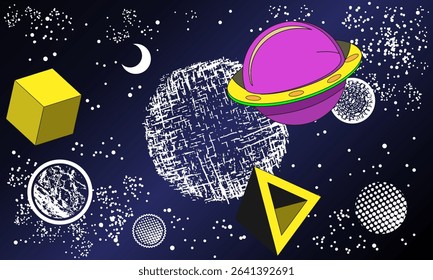 Distant unknown galaxy with psychedelic celestial bodies. Fragment of stylized Universe. Vector illustration