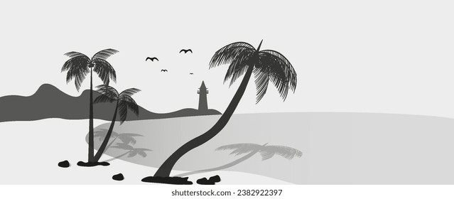 Distant view of the beach and beacon with coconut trees. Traditional oriental ink painting. vector