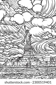 A distant view of the Statue of Liberty, with a river in the foreground and clouds in the background.