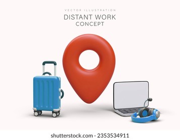Distant work around world. Huge red geotag, suitcase, laptop, headphones. Work in non stop mode. Constant control over business, management. Free schedule, opportunity to travel
