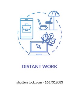 Distant work blue concept icon. Wi fi abroad. Freelance with laptop. Wireless connection. Outsource while on vacation. Roaming idea thin line illustration. Vector isolated outline RGB color drawing