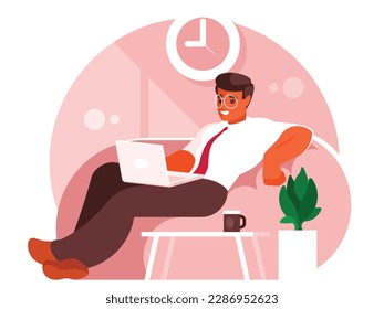 Trabajo a distancia. Empresario sentado en una silla de bolsos, trabajando en una laptop. Programador creativo subcontrastando al trabajador independiente en forma de caricatura plana funciona de forma remota desde casa usando un dispositivo inteligente. Vector