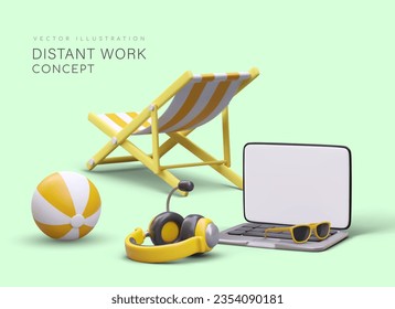 Distant work concept. Free schedule. Alternation of work and rest. Workplace in comfortable conditions. Poster made of realistic vector elements, place for text