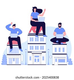 Distant work concept. Freelancers or remote workers work at home. Men and women typing on laptops at house. Employee of outsourcing company. Vector character illustration isolated on white background