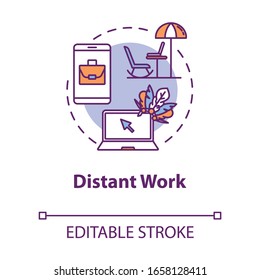 Distant work concept icon. Freelance with laptop. Wireless connection. Outsource while on vacation. Roaming idea thin line illustration. Vector isolated outline RGB color drawing. Editable stroke