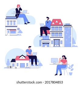 Concepto de trabajo distante. Hombres y mujeres trabajando en laptops o computadoras de oficinas domésticas. Autónomos en una cómoda colección de lugares de trabajo. Ilustración de carácter de vector aislada en fondo blanco