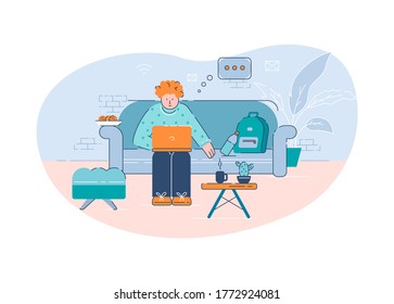 Distant work and education semi flat vector illustration. Young person using laptop at home 2D cartoon character for commercial use. Freelancer working from home, college student studying remotely