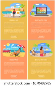 Distant work and freelance bright banners. People work on beach near ocean. Freelancers with laptops at beach resort web pages vector illustrations.