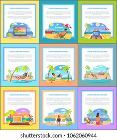 Distant work and freelance commercial banners set. Relax at beach and get money promotional posters. Freelancers work at beach vector illustrations.