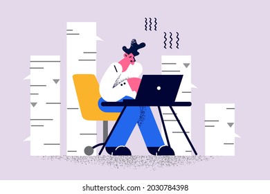 Distant work and freelance concept. Young positive man siting working on laptop having ideas in mind on remote location vector illustration 