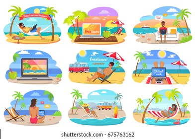 Distant work and freelance during summer on holidays at seaside in recliner, hammock attached to palms, on sand with laptop vector illustrations set.