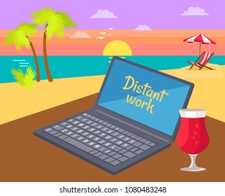 Distant work freelance job vector illustration, summer beach sunset palm trees tasty cocktail, table with working laptop for freelancing, cute seascape