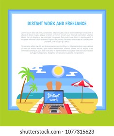 Distant Work and Freelance Poster Freelancer legs, person lying on tropical beach with notebook on knees, umbrella and coastline in front of him, vector