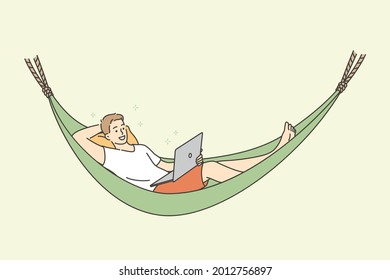 Distant work freelance and rest concept. Young smiling man cartoon character relaxing in hammock having rest watching movie or having freelance distant remote work vector illustration 