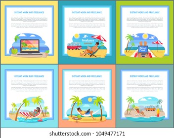 Distant work and freelance set of posters with people working on notebook, living in trailer at coastline, beach and cocktails vector freelancing concept