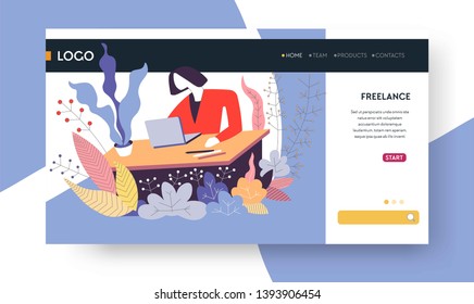 Plantilla de página web de trabajo independiente de trabajo distante mujer con portátil en el vector de mesa trabajo de simulación de sitio de Internet en casa con ordenador móvil independiente programador de profesión moderno o diseñador web de redactor de copias