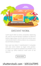 Distant work freelance web poster, open notebook on tropical beach freelance on screen, summer cocktail with straw, sunbed under umbrella, summertime