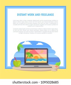 Distant work and freelance web poster open notebook picture of tropical sunset at coastline, standing on beach near cocktail vector illustration page.