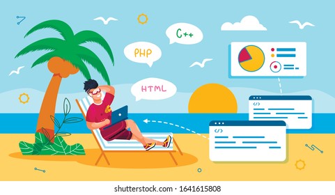 Distant Work in IT Industry Trendy Flat Vector Concept. Freelance Programmer, Software Developer Working on Beach, Using Laptop While Resting in Tropical Country, Relaxing at Seacoast Illustration